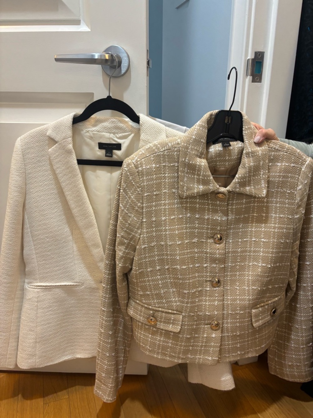 Ann Taylor Ivory Textured Single-Button Blazer and Brown Plaid Blazer